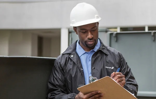 An Aramark worker wearing a windbreaker and a hard hat writing on a clipboard.